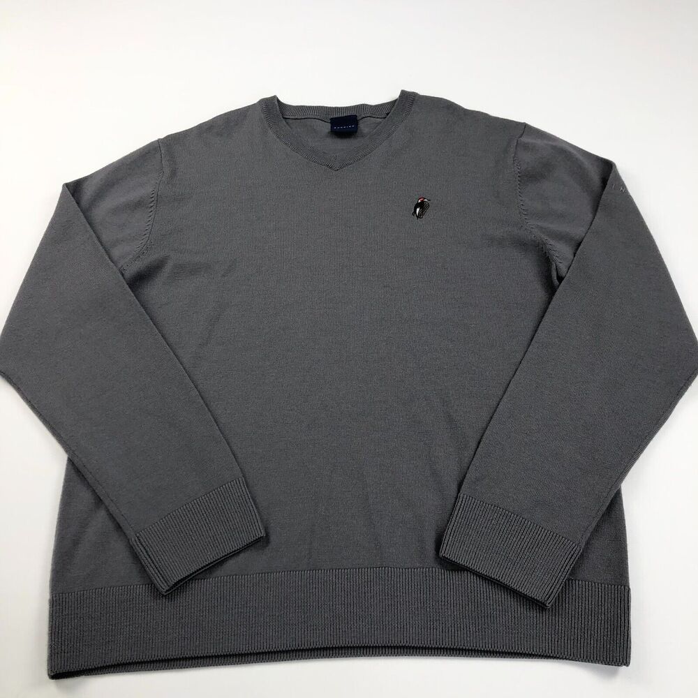 Dunning Merino Wool Large Mens Pullover V-Neck Sweater Gray Logo